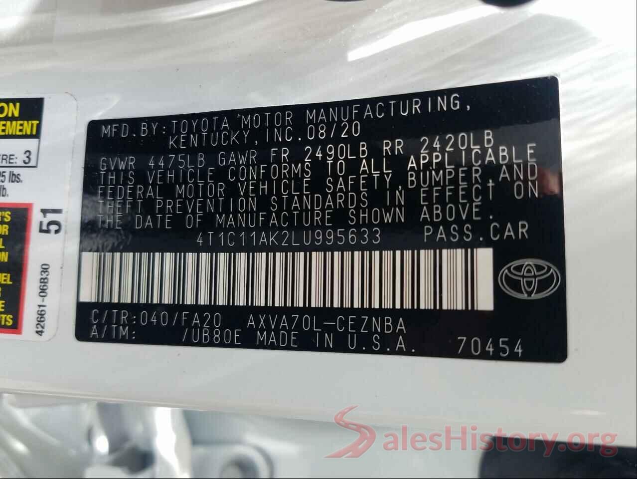 4T1C11AK2LU995633 2020 TOYOTA CAMRY