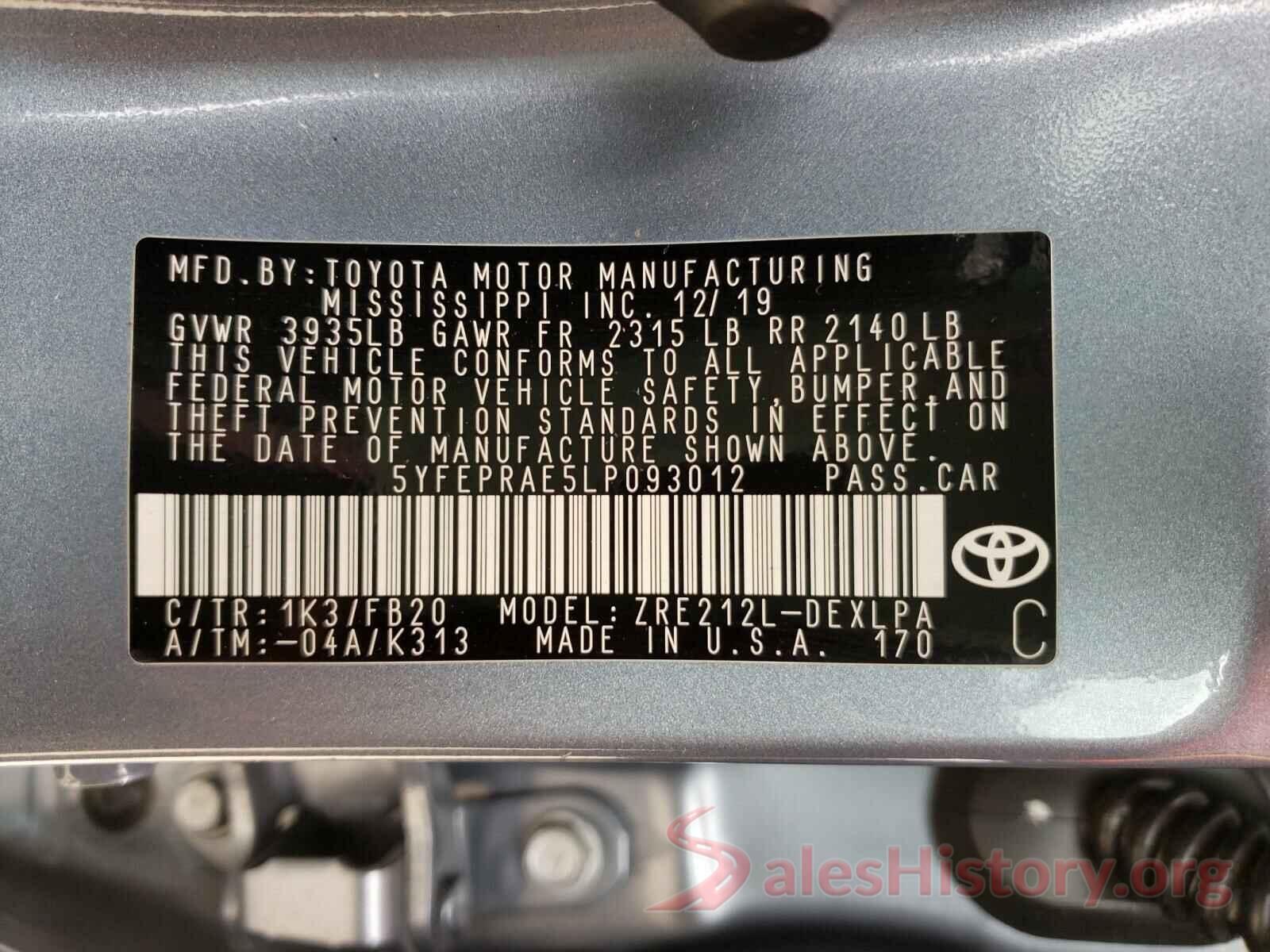 5YFEPRAE5LP093012 2020 TOYOTA COROLLA