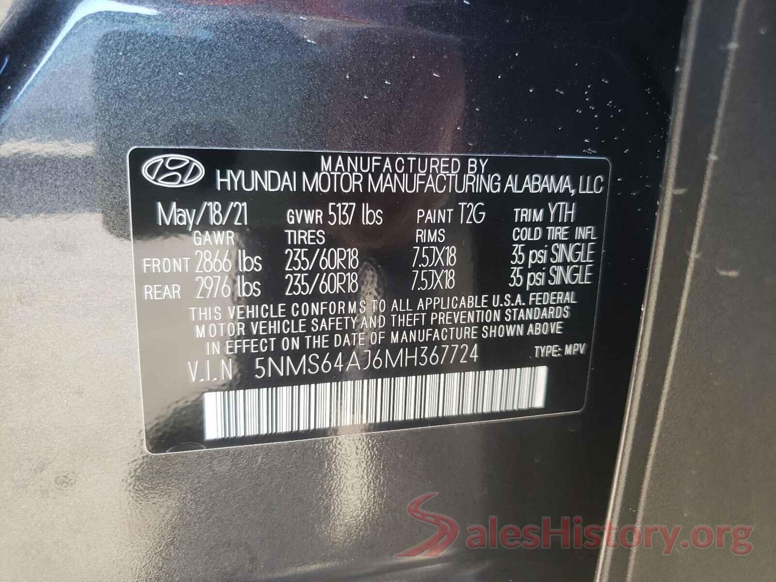 5NMS64AJ6MH367724 2021 HYUNDAI SANTA FE