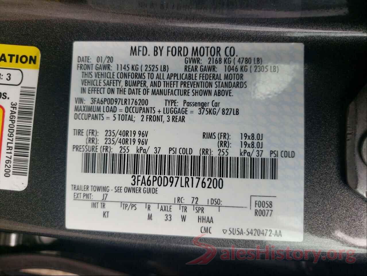 3FA6P0D97LR176200 2020 FORD FUSION