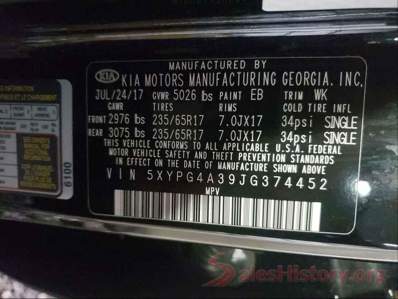 5XYPG4A39JG374452 2018 KIA SORENTO