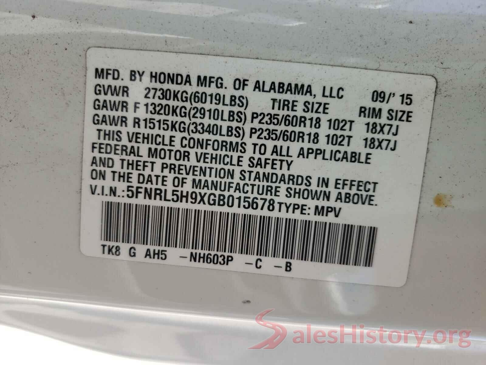 5FNRL5H9XGB015678 2016 HONDA ODYSSEY