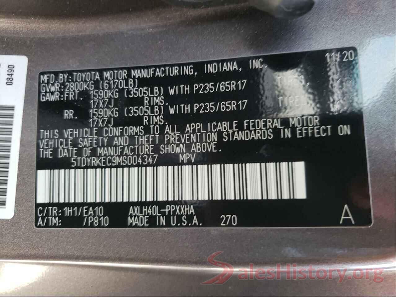 5TDYRKEC9MS004347 2021 TOYOTA SIENNA