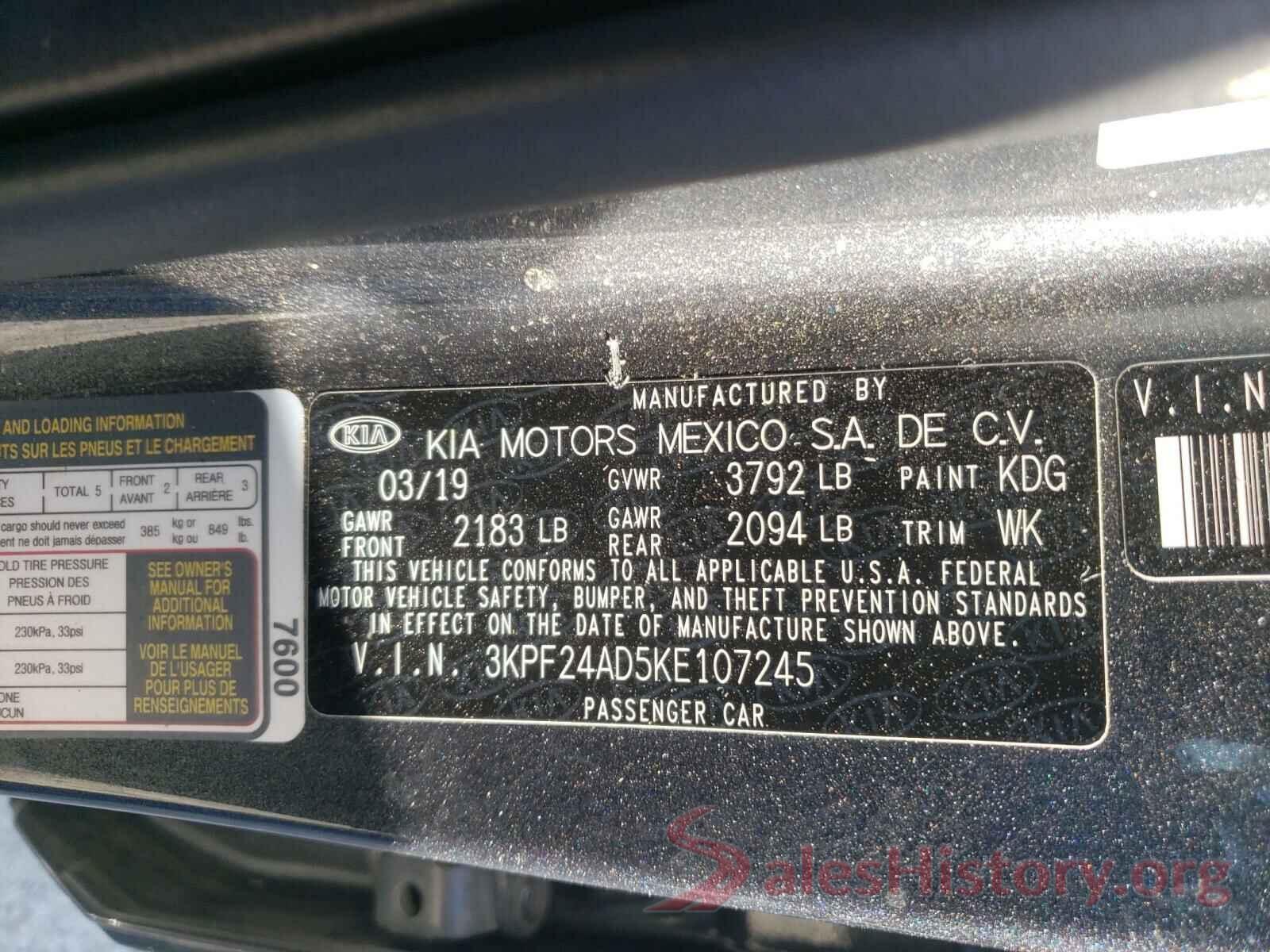 3KPF24AD5KE107245 2019 KIA FORTE