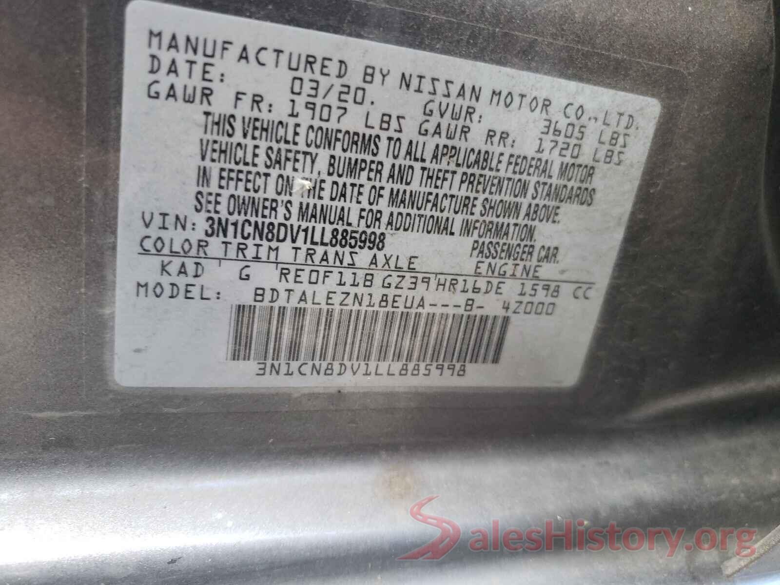 3N1CN8DV1LL885998 2020 NISSAN VERSA