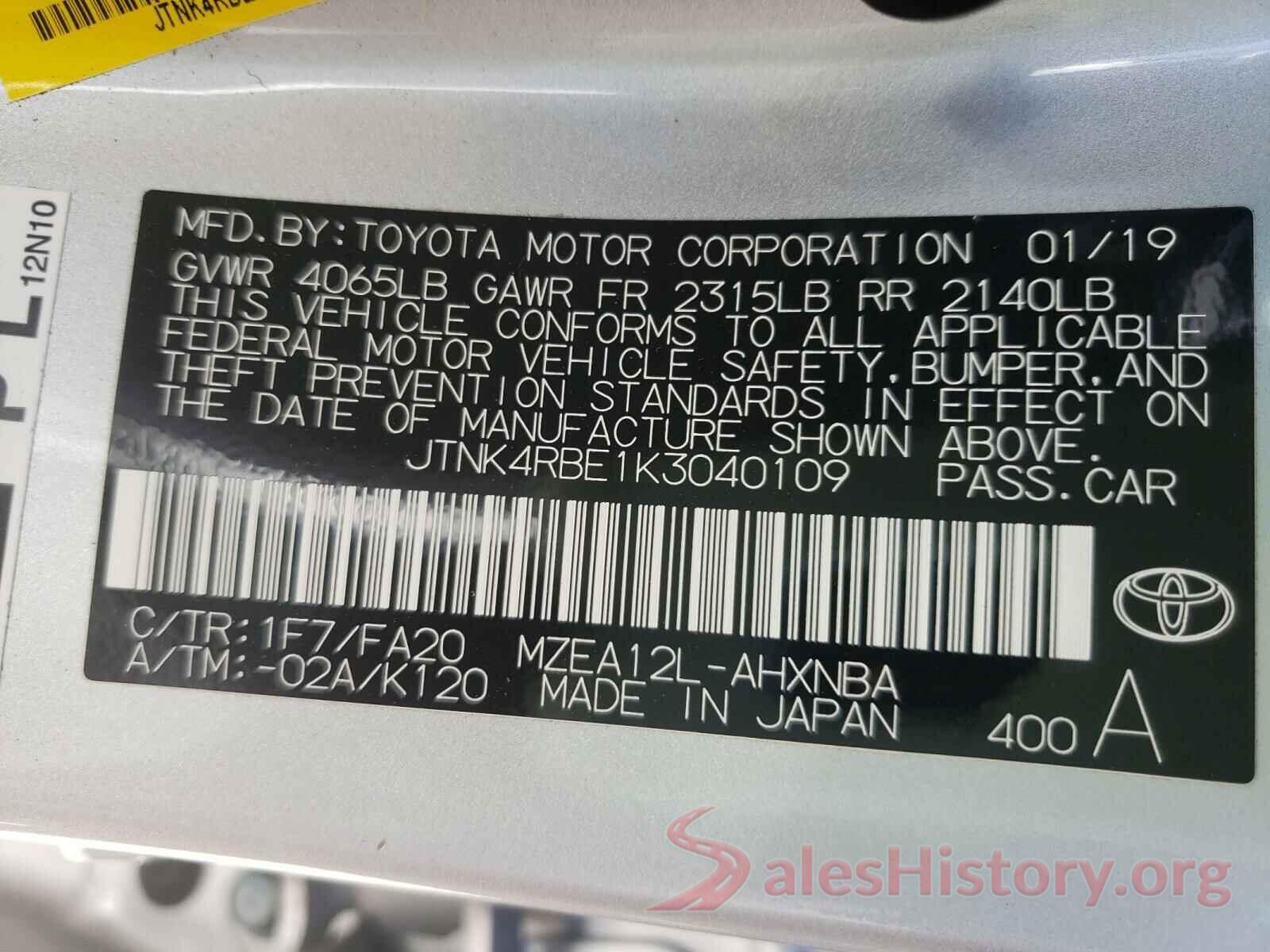 JTNK4RBE1K3040109 2019 TOYOTA COROLLA