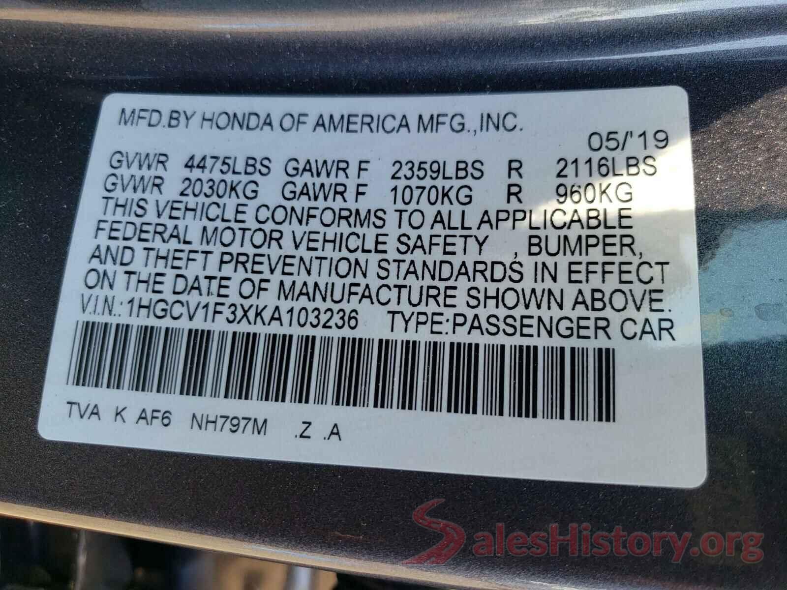 1HGCV1F3XKA103236 2019 HONDA ACCORD