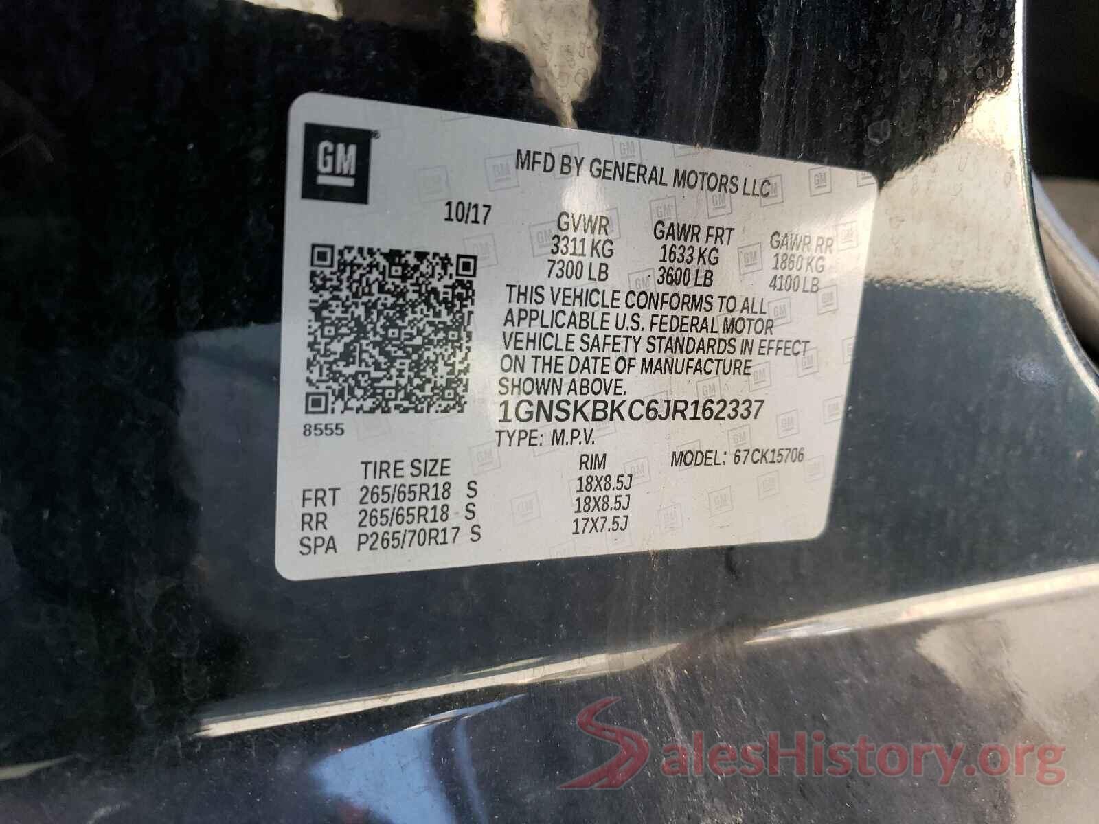 1GNSKBKC6JR162337 2018 CHEVROLET TAHOE