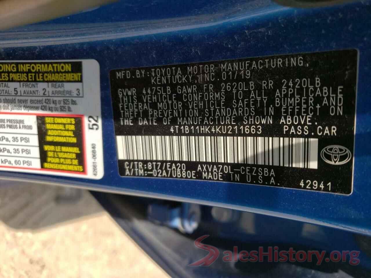 4T1B11HK4KU211663 2019 TOYOTA CAMRY