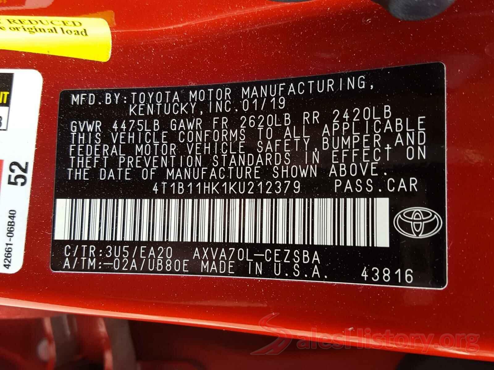 4T1B11HK1KU212379 2019 TOYOTA CAMRY