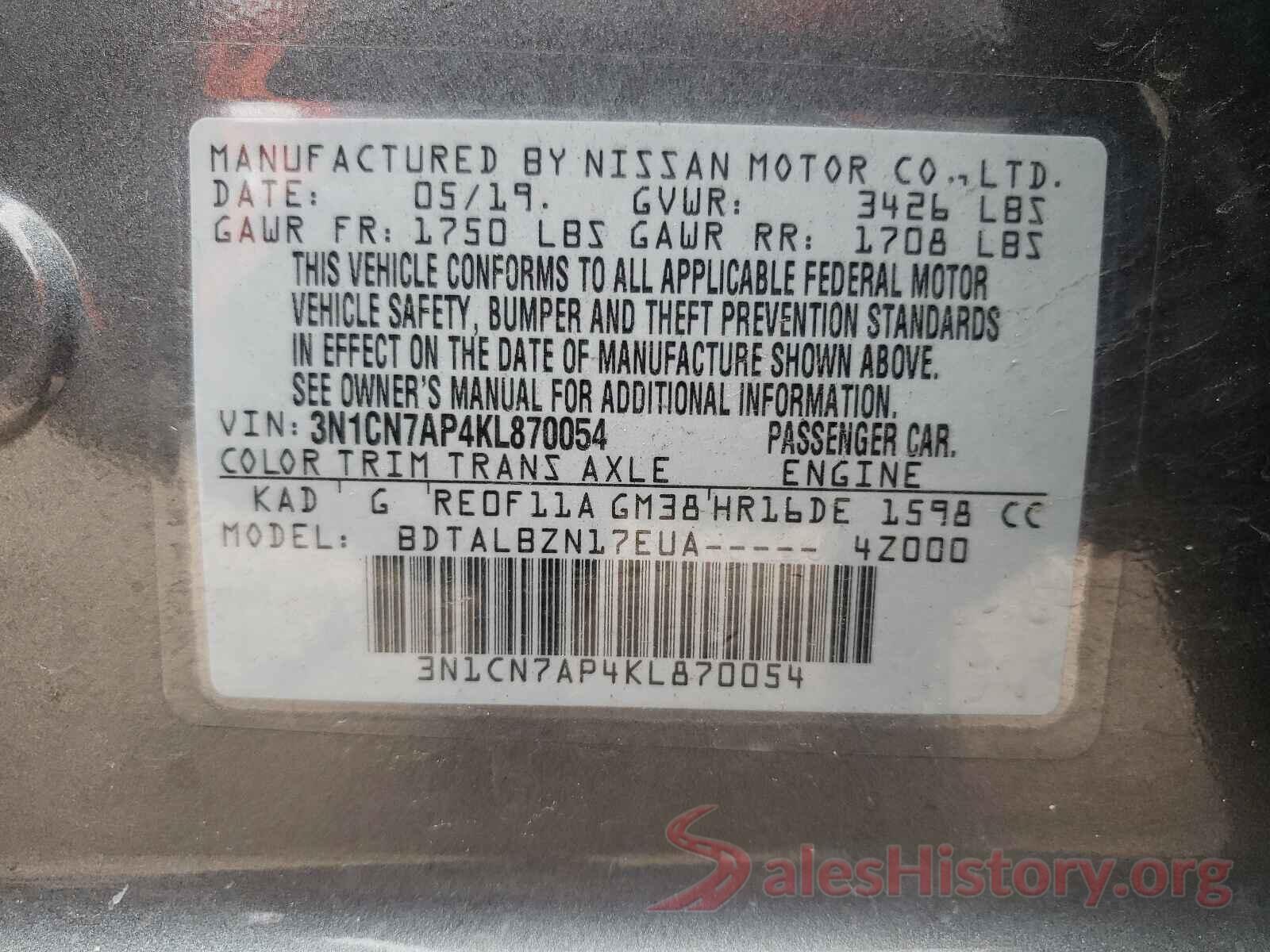 3N1CN7AP4KL870054 2019 NISSAN VERSA