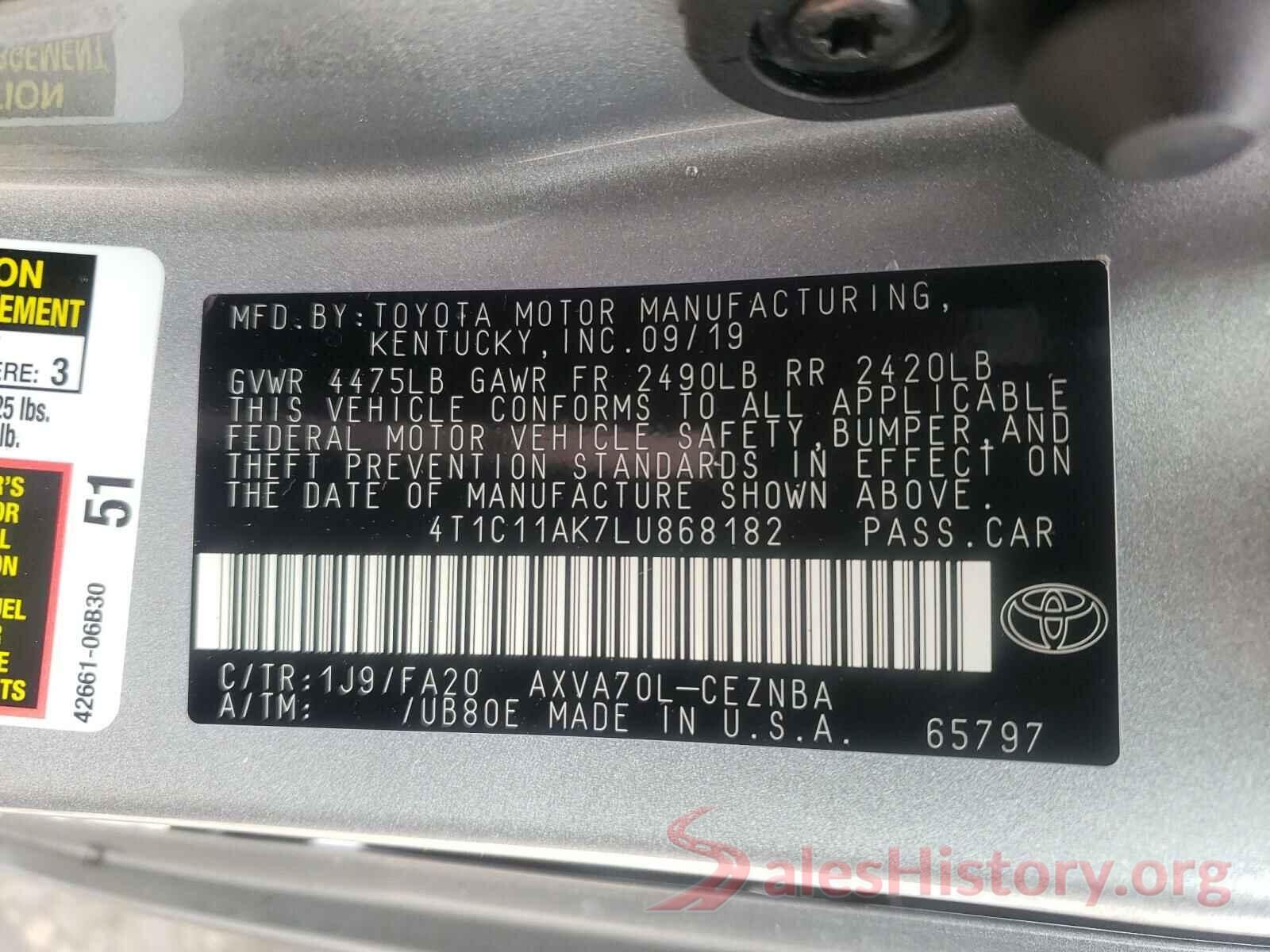 4T1C11AK7LU868182 2020 TOYOTA CAMRY