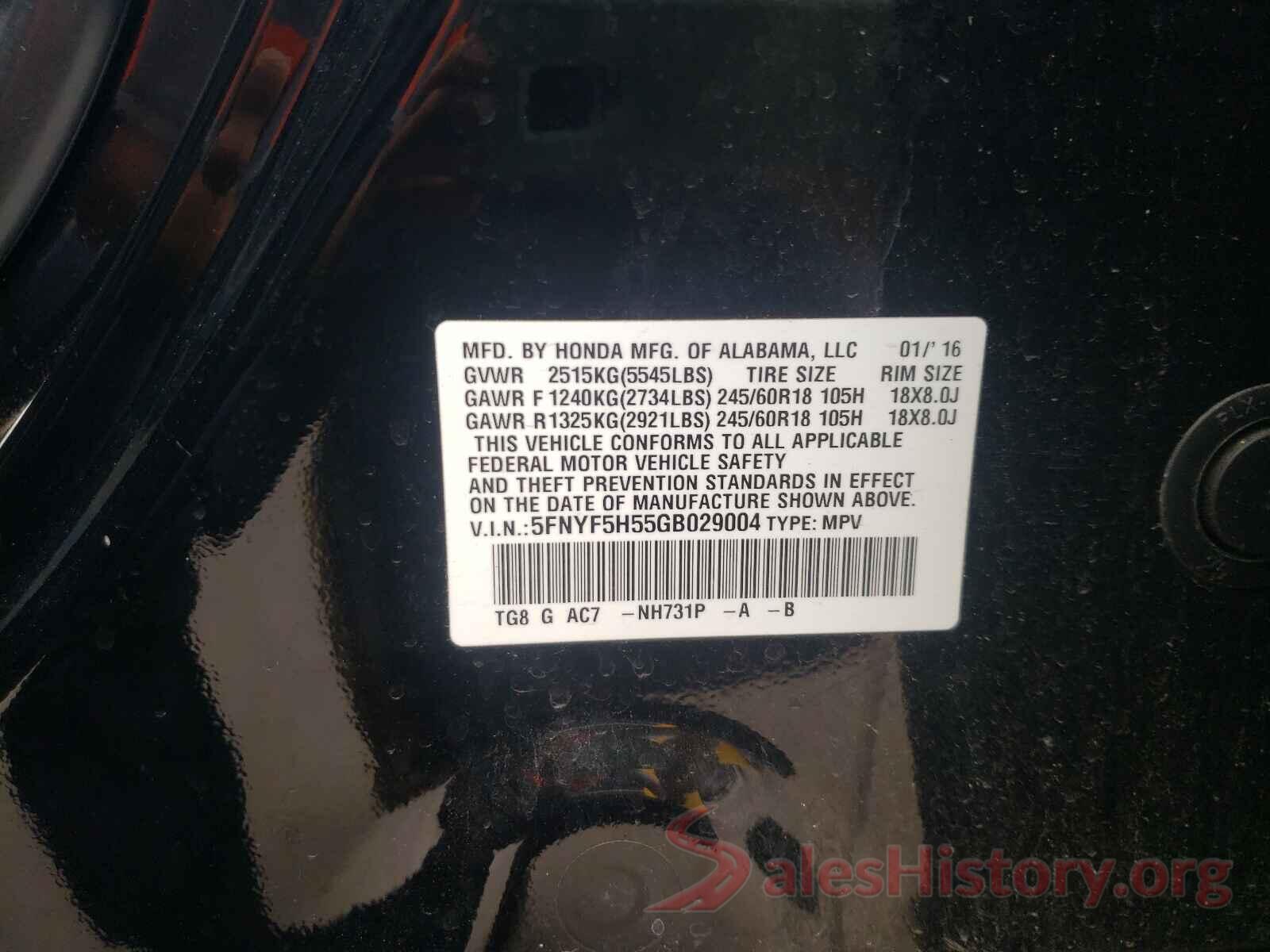 5FNYF5H55GB029004 2016 HONDA PILOT