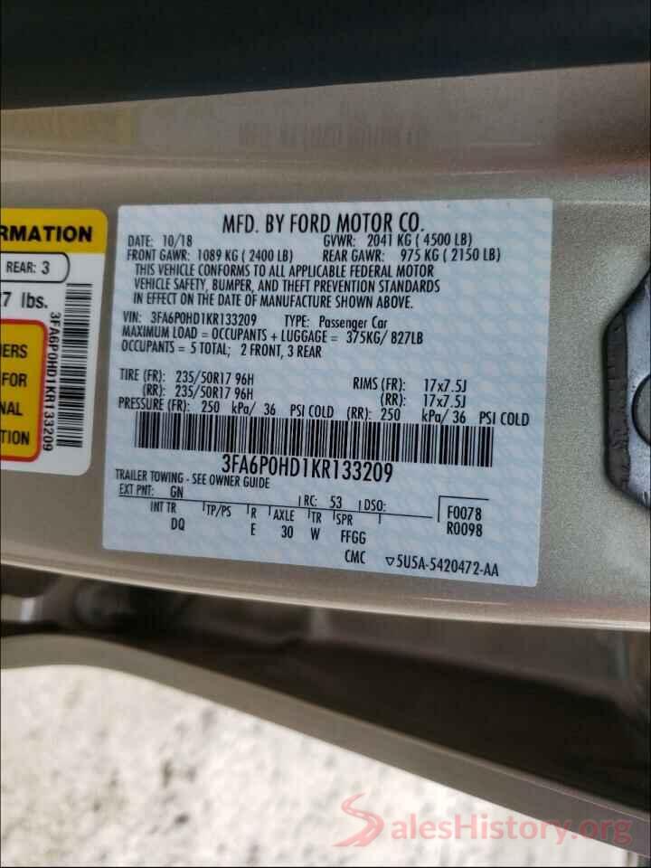 3FA6P0HD1KR133209 2019 FORD FUSION