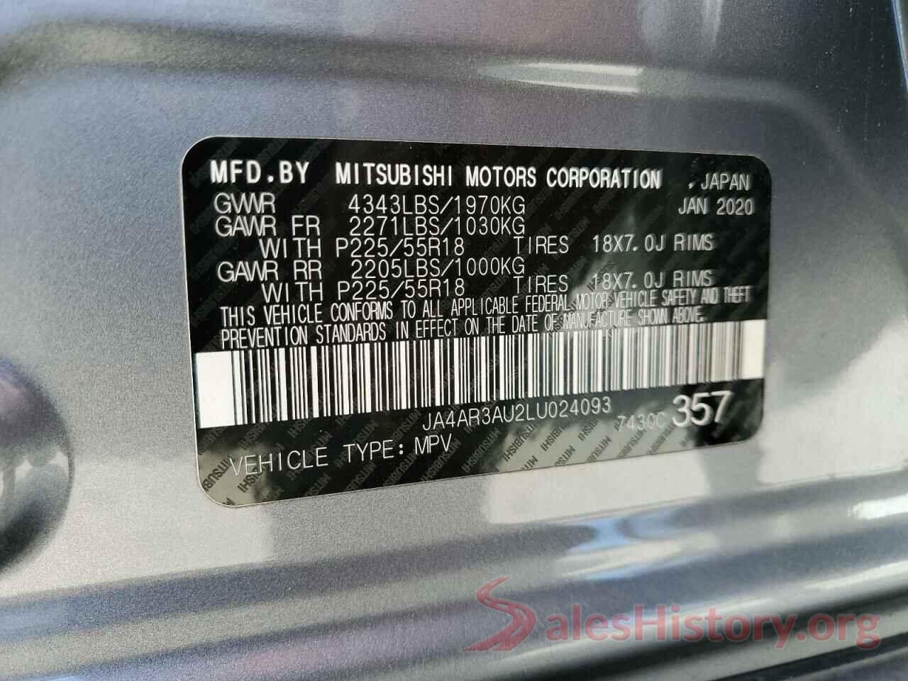 JA4AR3AU2LU024093 2020 MITSUBISHI OUTLANDER