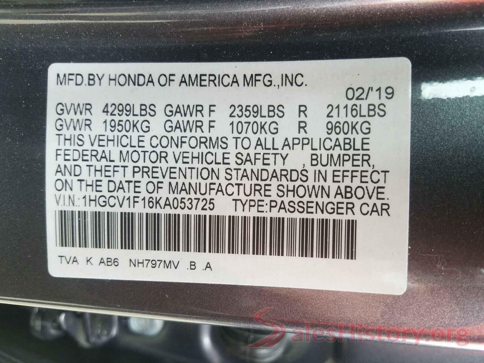 1HGCV1F16KA053725 2019 HONDA ACCORD