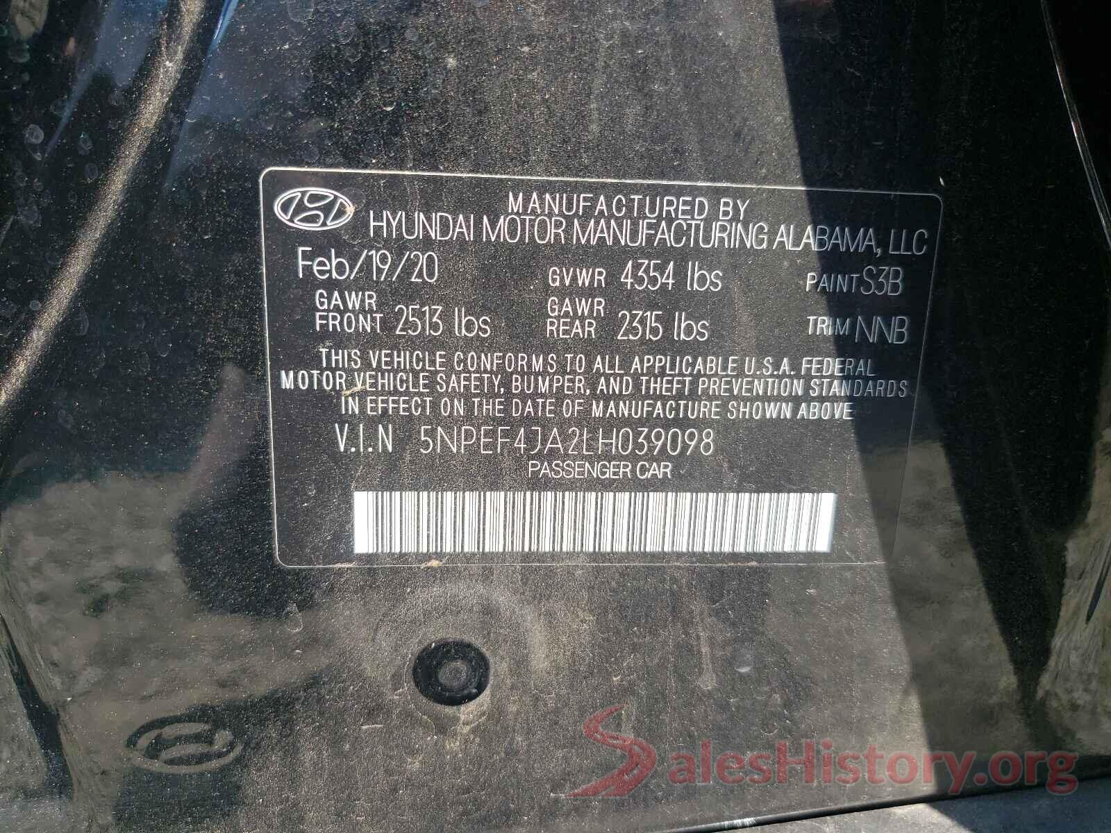 5NPEF4JA2LH039098 2020 HYUNDAI SONATA