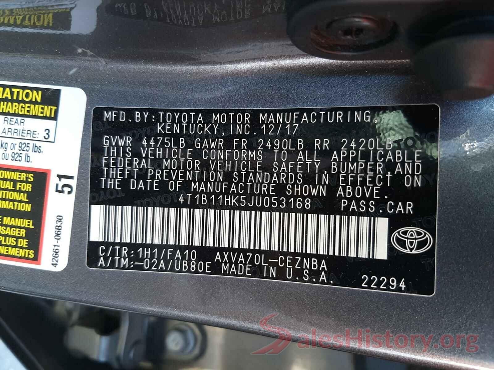 4T1B11HK5JU053168 2018 TOYOTA CAMRY