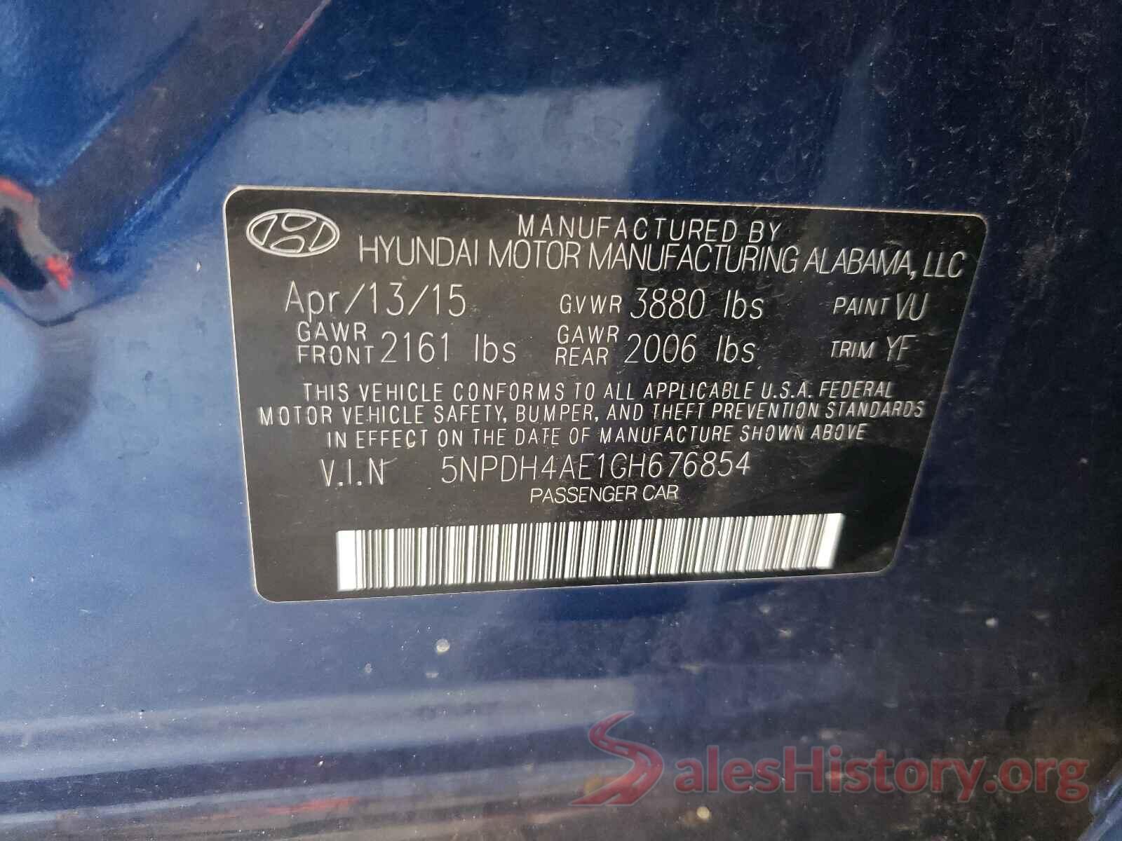 5NPDH4AE1GH676854 2016 HYUNDAI ELANTRA