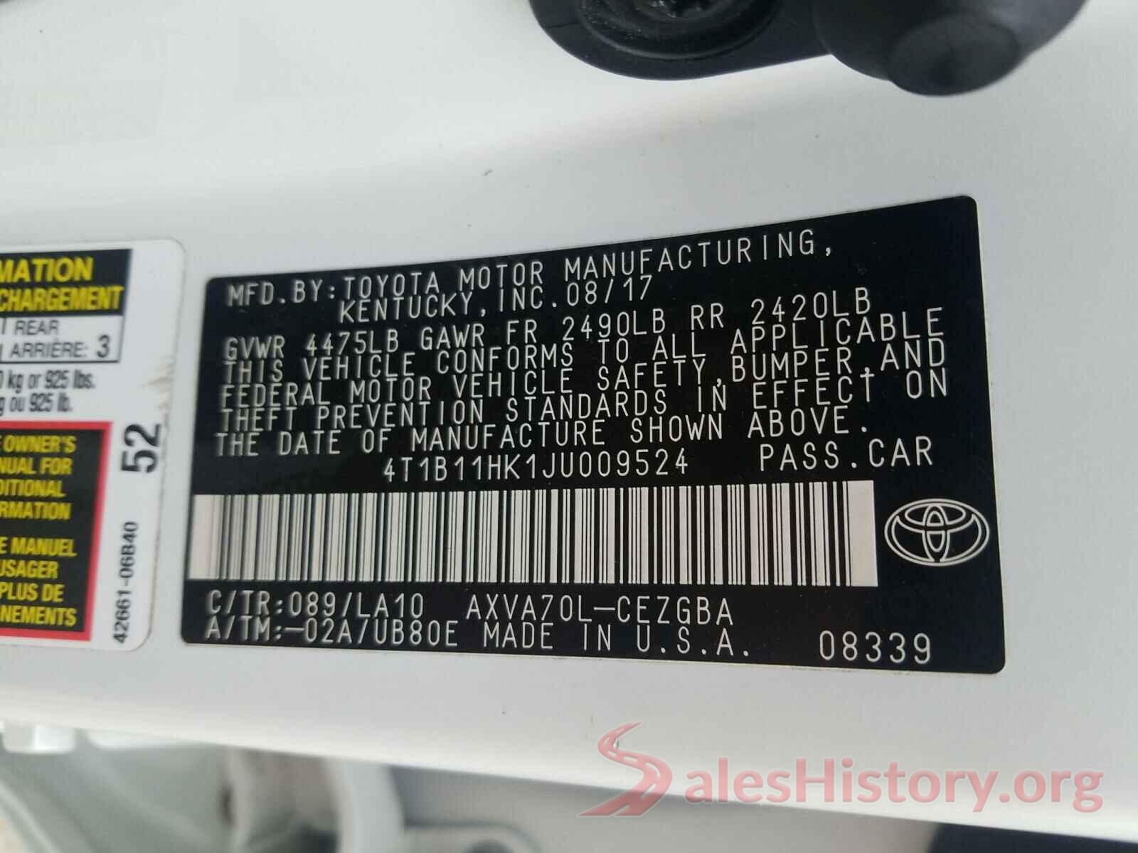 4T1B11HK1JU009524 2018 TOYOTA CAMRY