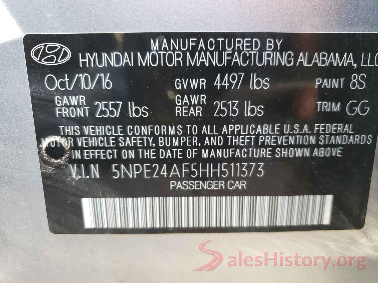 5NPE24AF5HH511373 2017 HYUNDAI SONATA