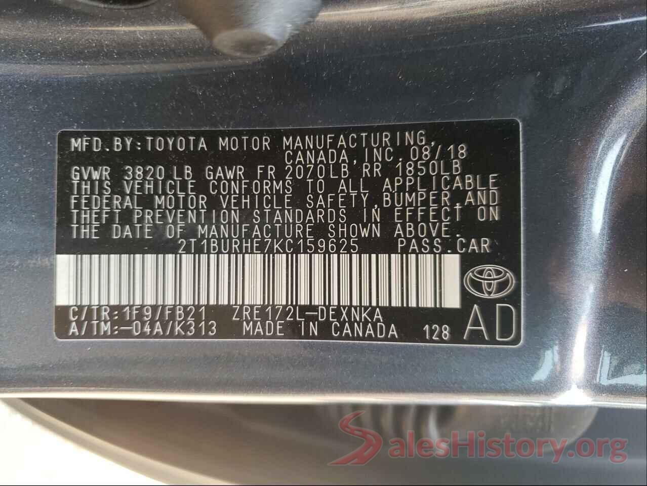 2T1BURHE7KC159625 2019 TOYOTA COROLLA