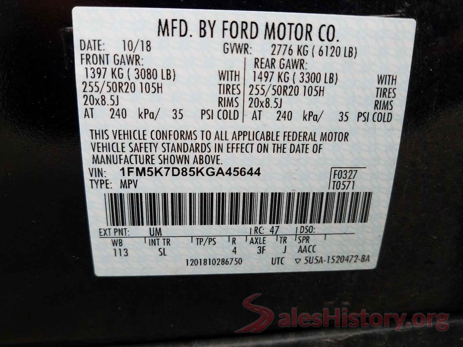 1FM5K7D85KGA45644 2019 FORD EXPLORER