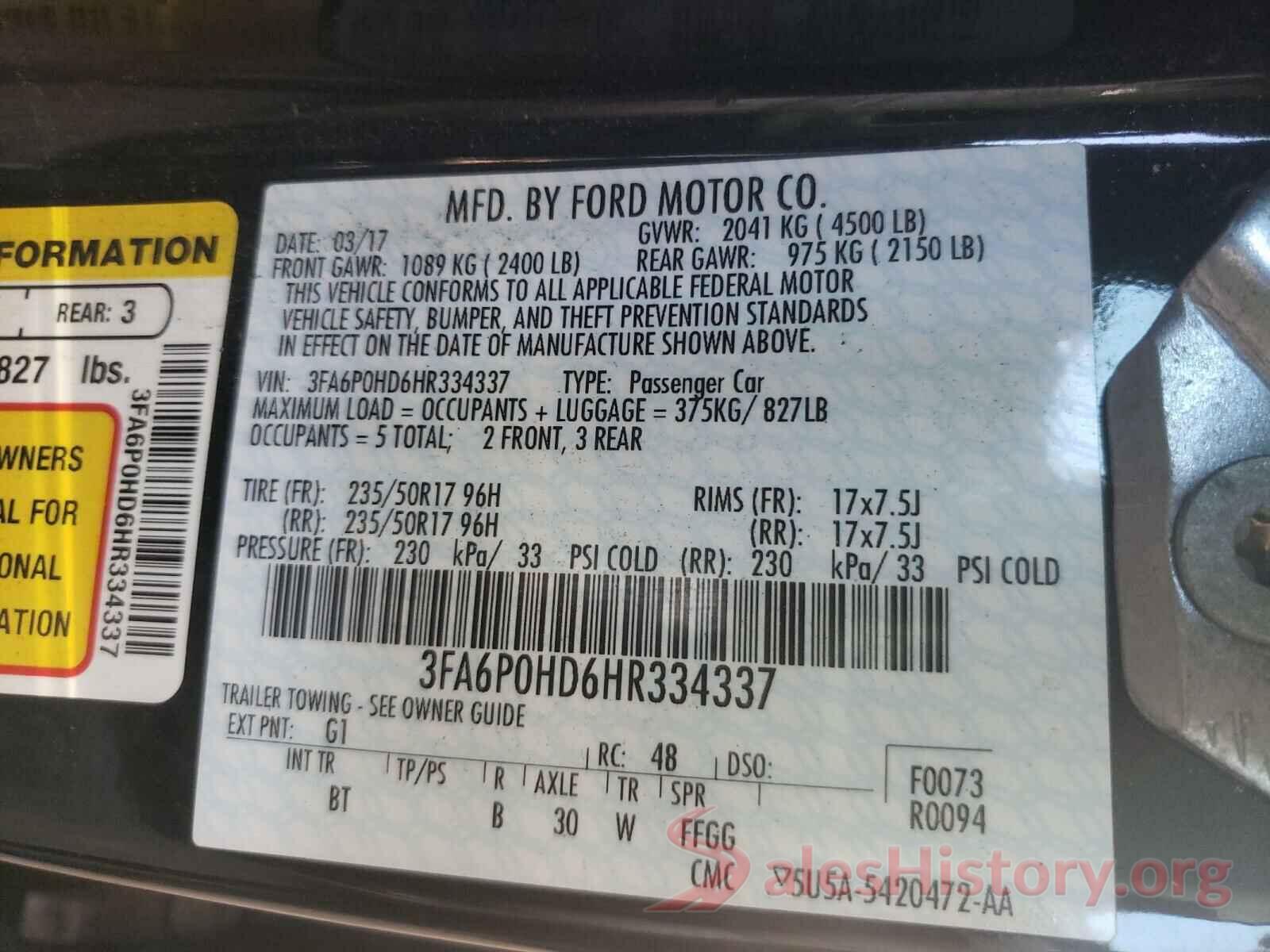 3FA6P0HD6HR334337 2017 FORD FUSION