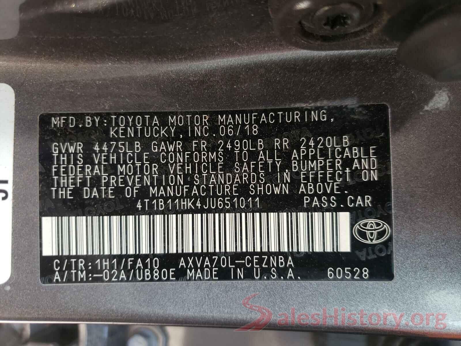 4T1B11HK4JU651011 2018 TOYOTA CAMRY