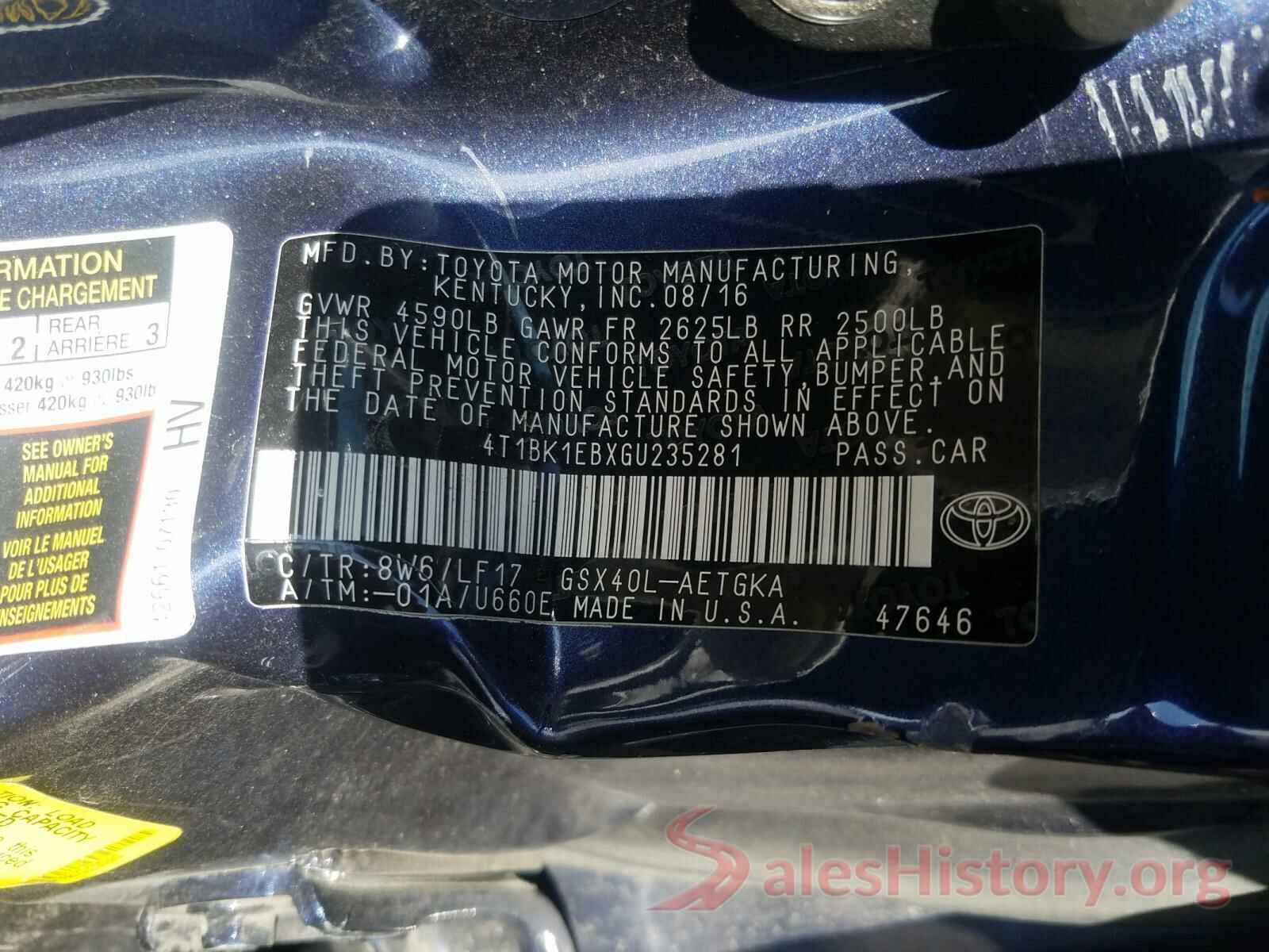 4T1BK1EBXGU235281 2016 TOYOTA AVALON