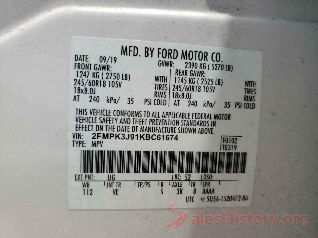 2FMPK3J91KBC61674 2019 FORD EDGE