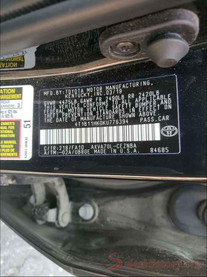 4T1B11HK0KU776394 2019 TOYOTA CAMRY