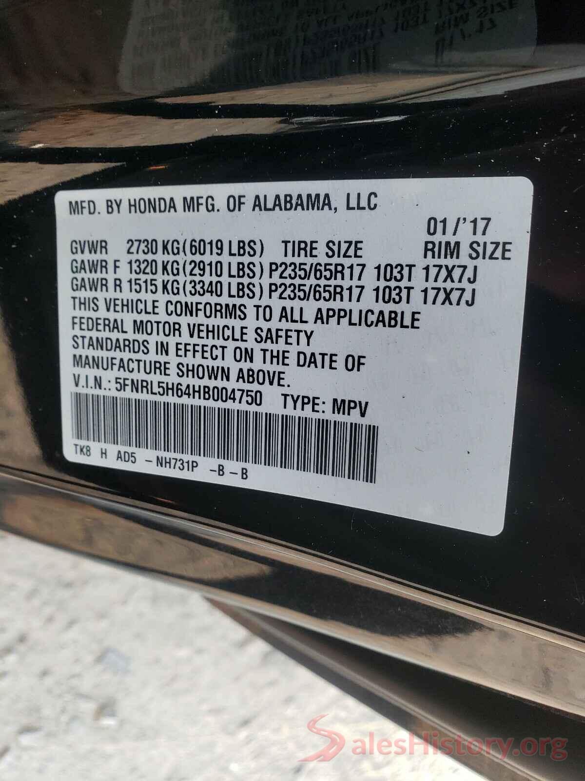 5FNRL5H64HB004750 2017 HONDA ODYSSEY