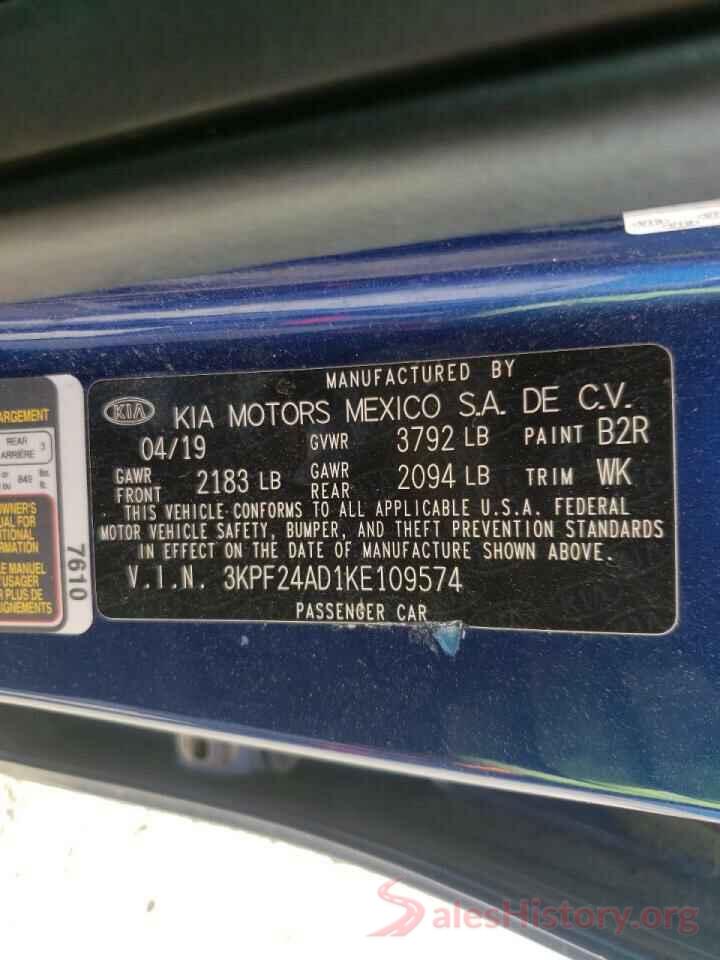 3KPF24AD1KE109574 2019 KIA FORTE