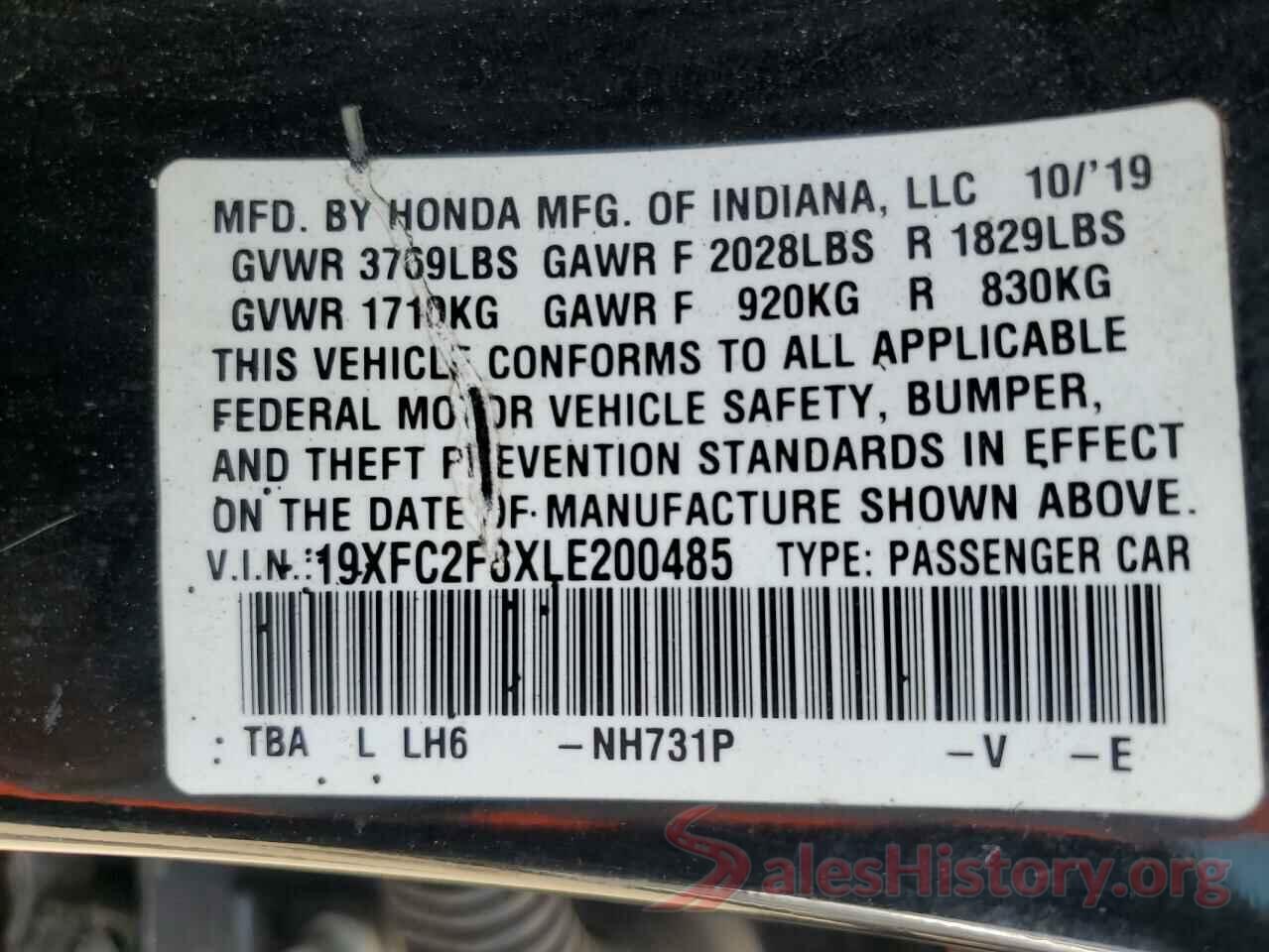 19XFC2F8XLE200485 2020 HONDA CIVIC