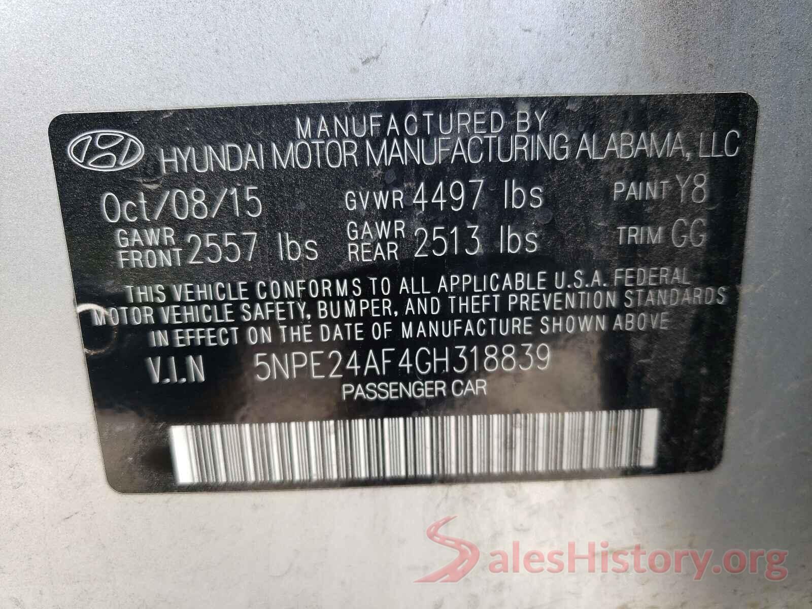 5NPE24AF4GH318839 2016 HYUNDAI SONATA