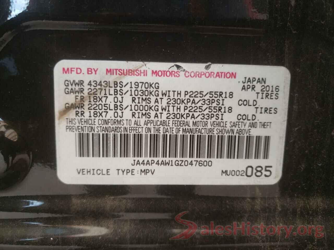 JA4AP4AW1GZ047600 2016 MITSUBISHI OUTLANDER