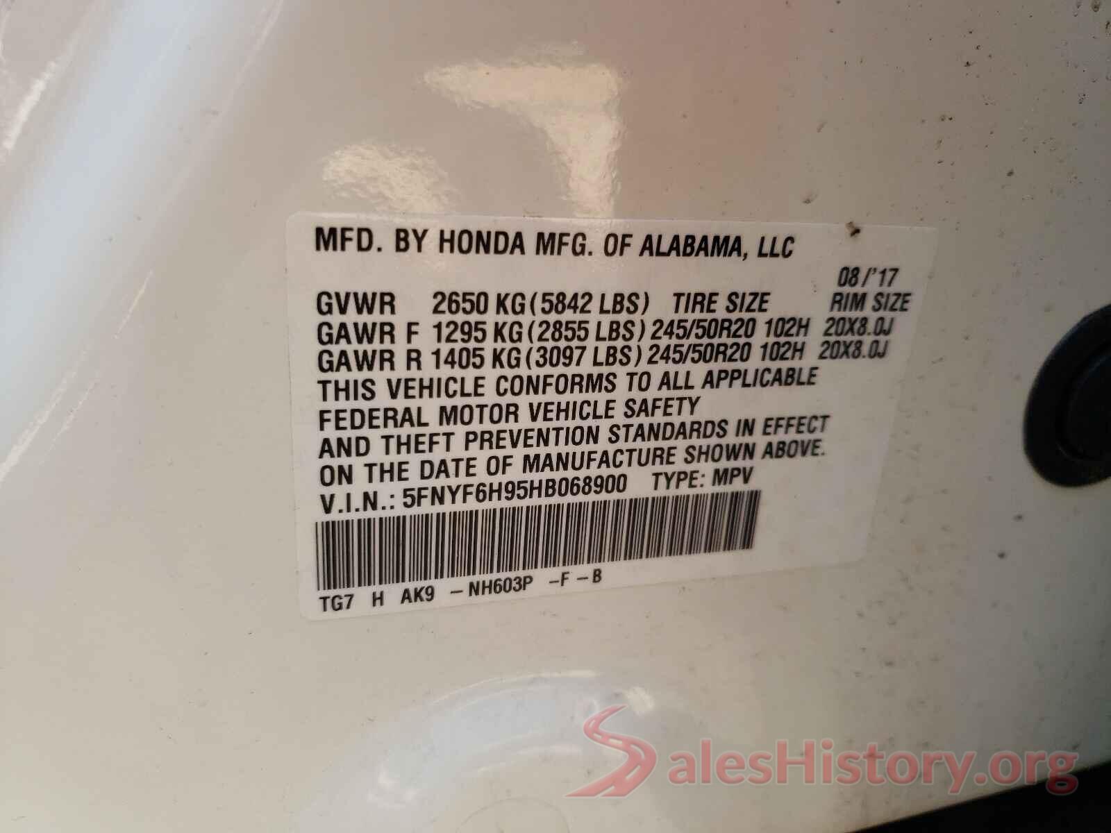 5FNYF6H95HB068900 2017 HONDA PILOT