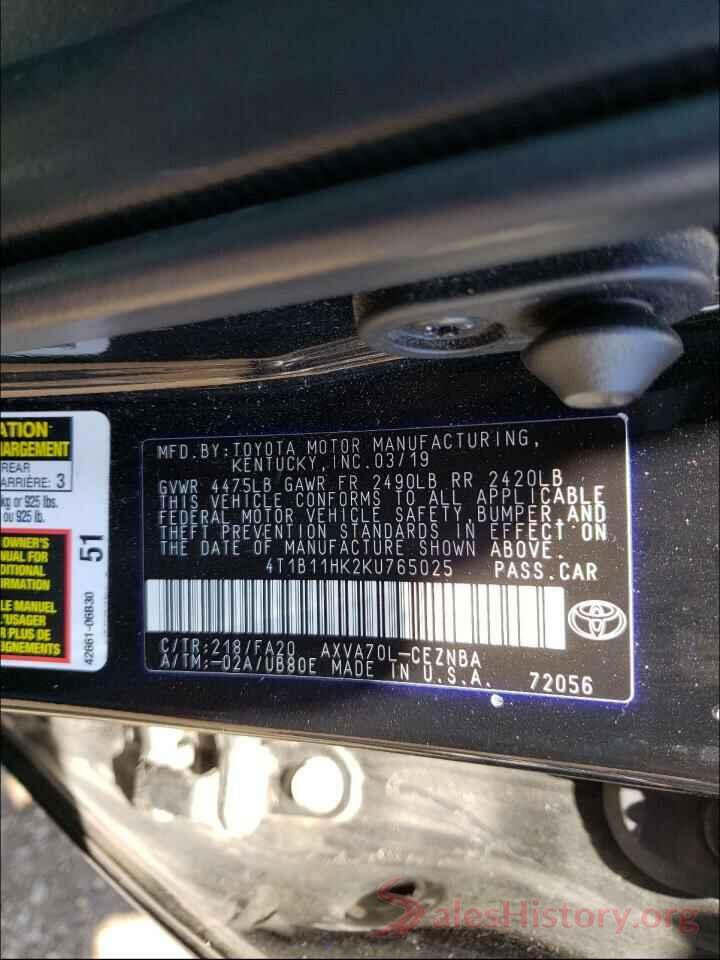 4T1B11HK2KU765025 2019 TOYOTA CAMRY