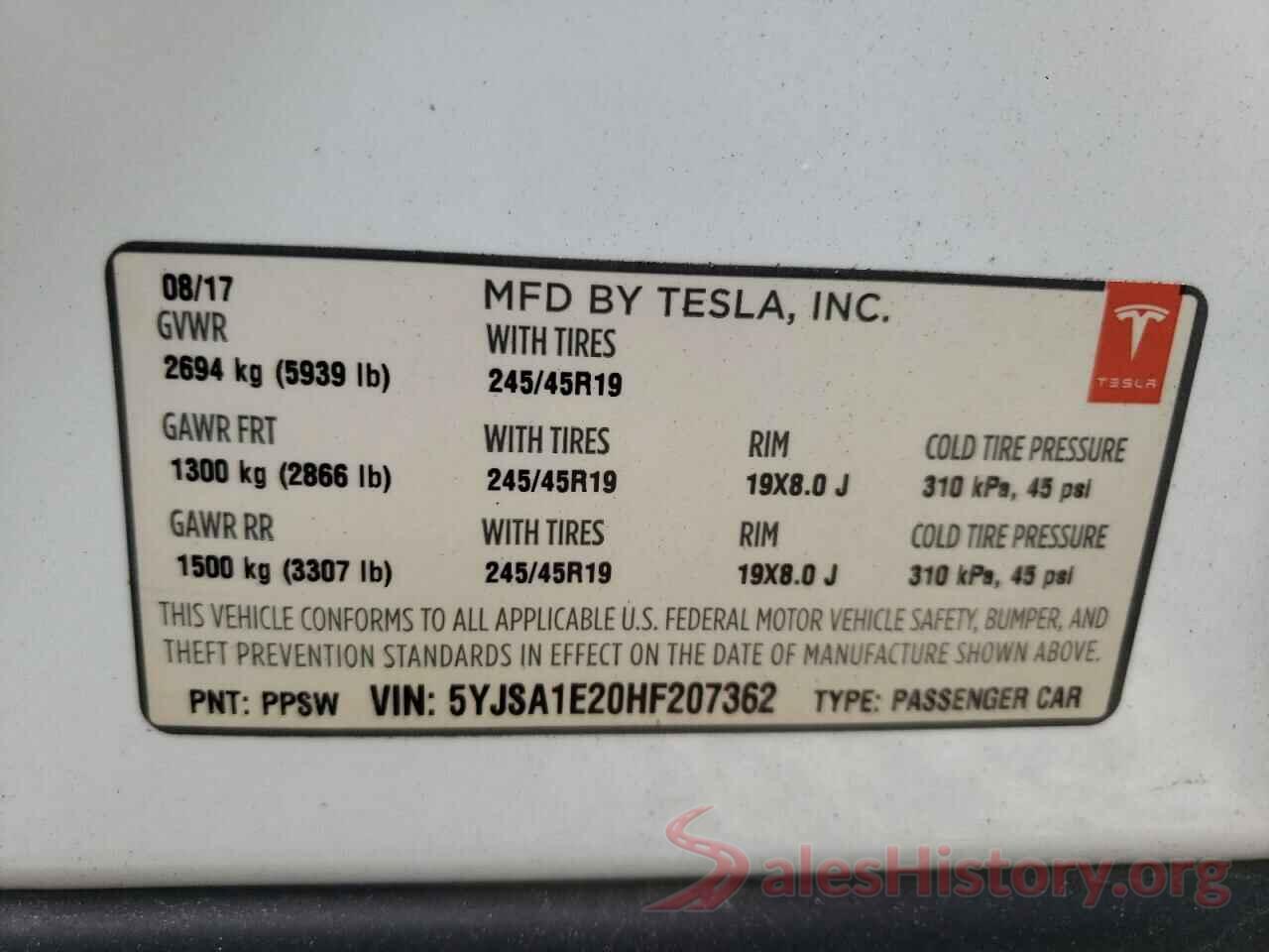 5YJSA1E20HF207362 2017 TESLA MODEL S