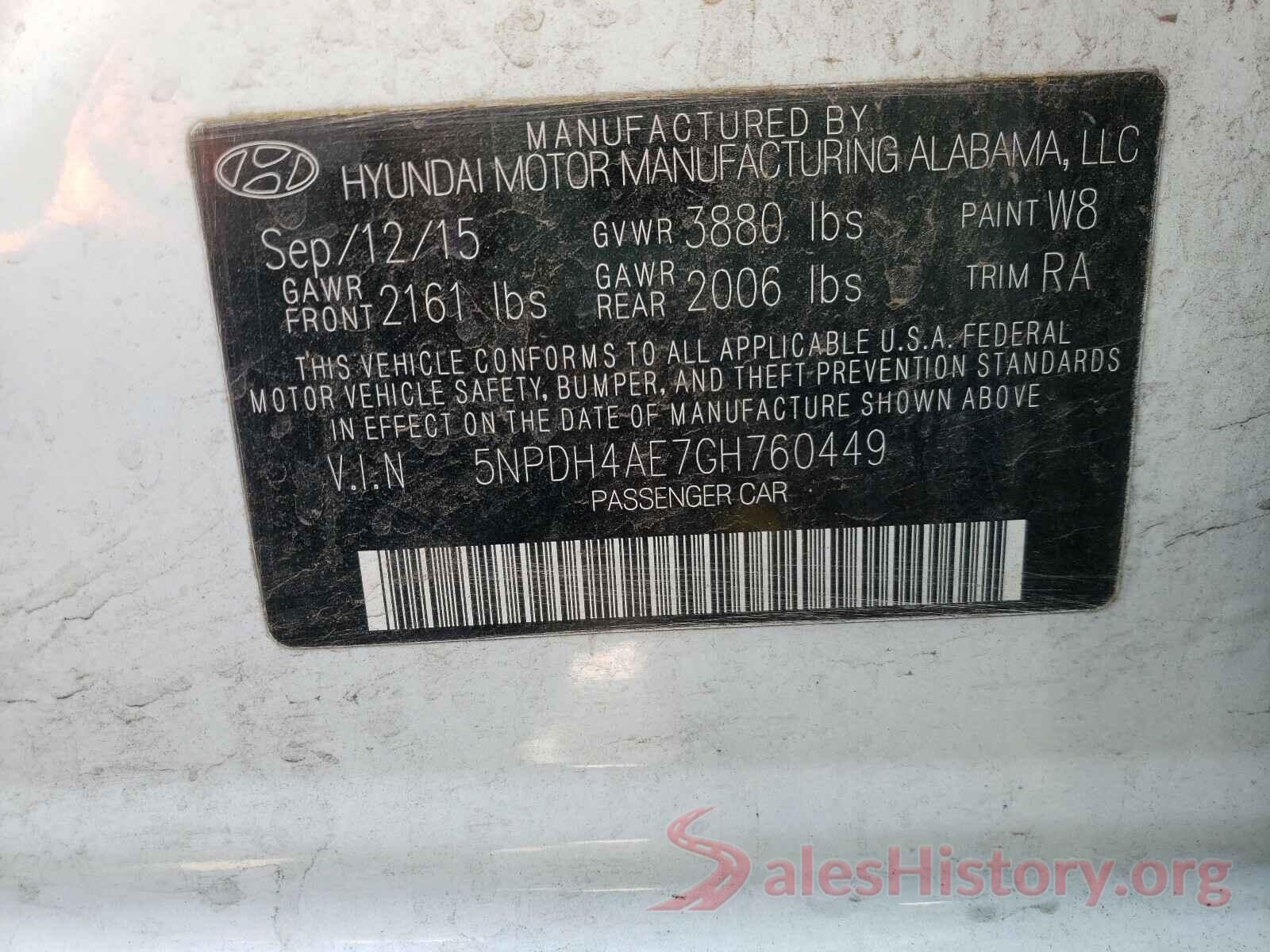 5NPDH4AE7GH760449 2016 HYUNDAI ELANTRA