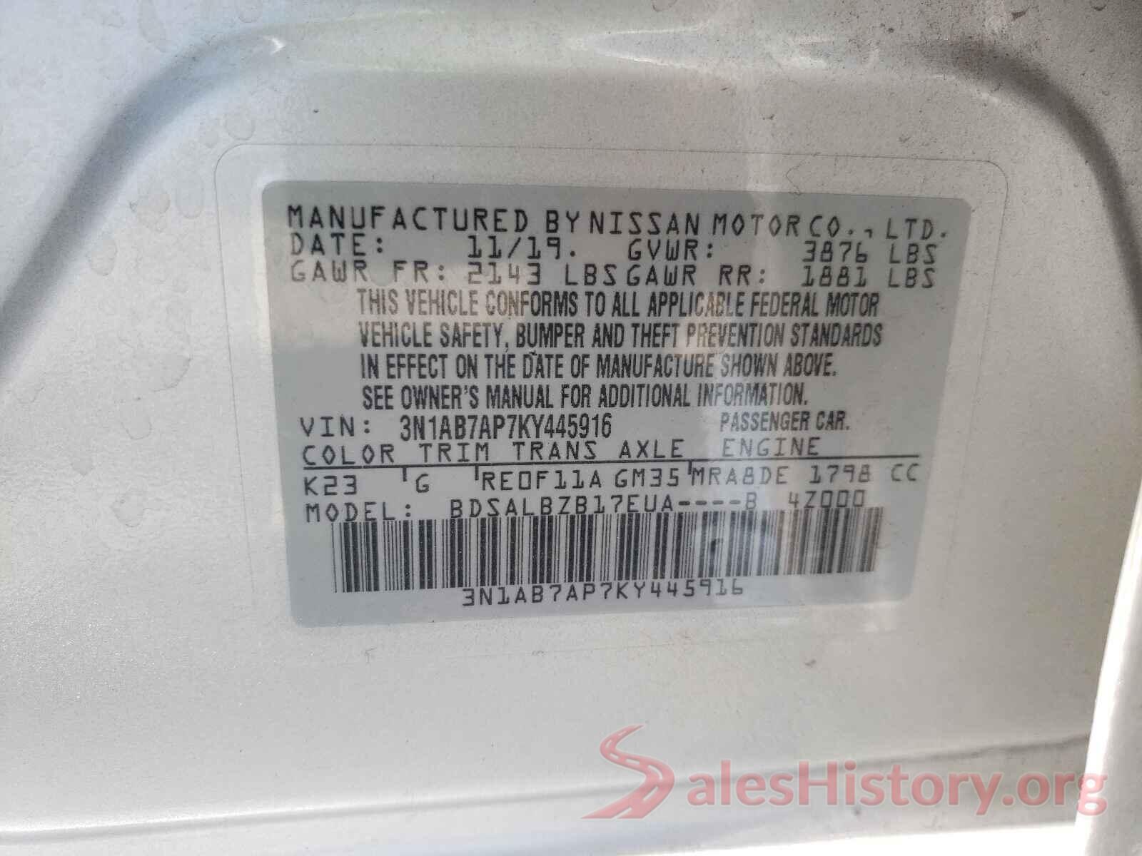 3N1AB7AP7KY445916 2019 NISSAN SENTRA