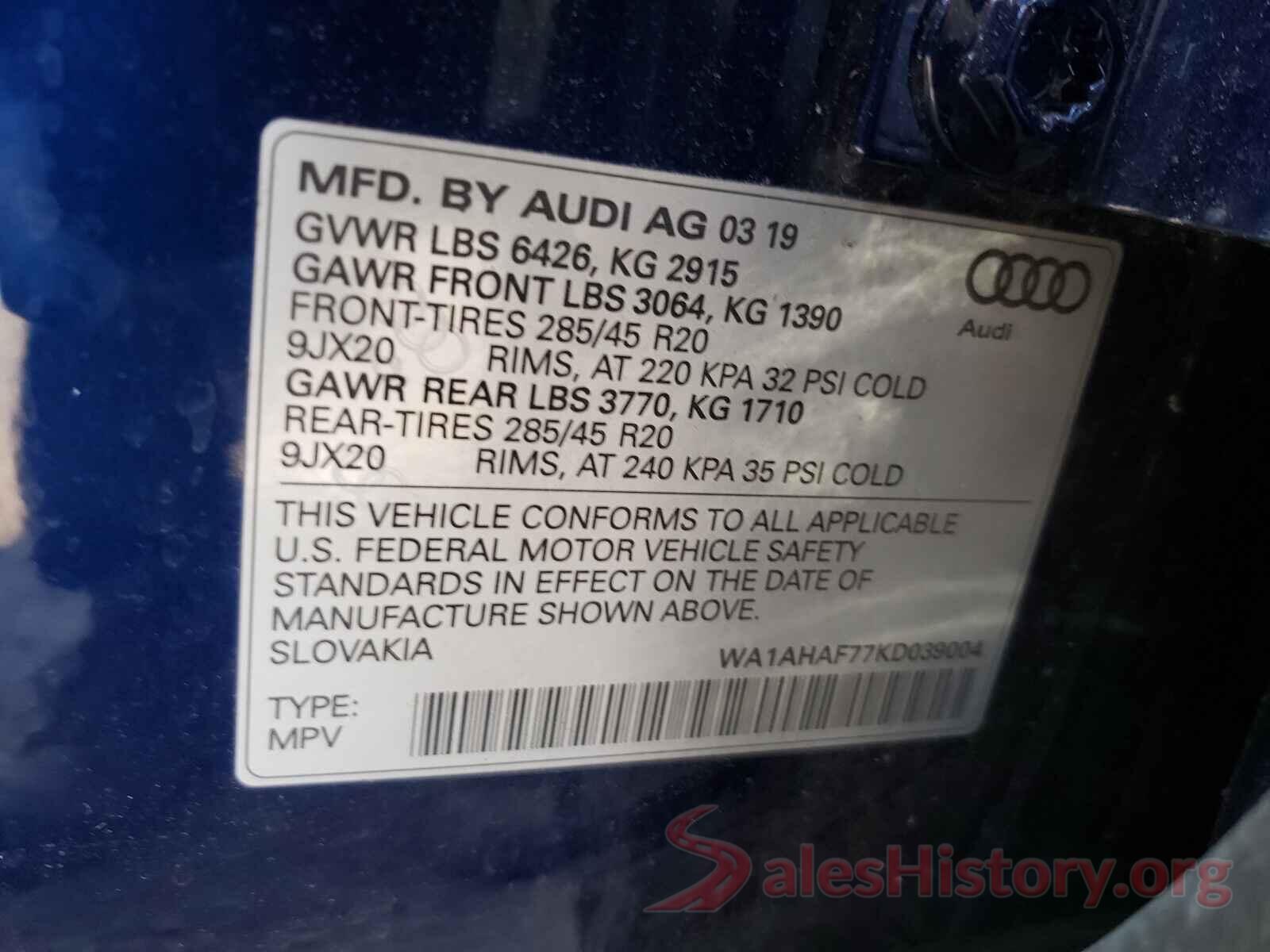 WA1AHAF77KD039004 2019 AUDI Q7