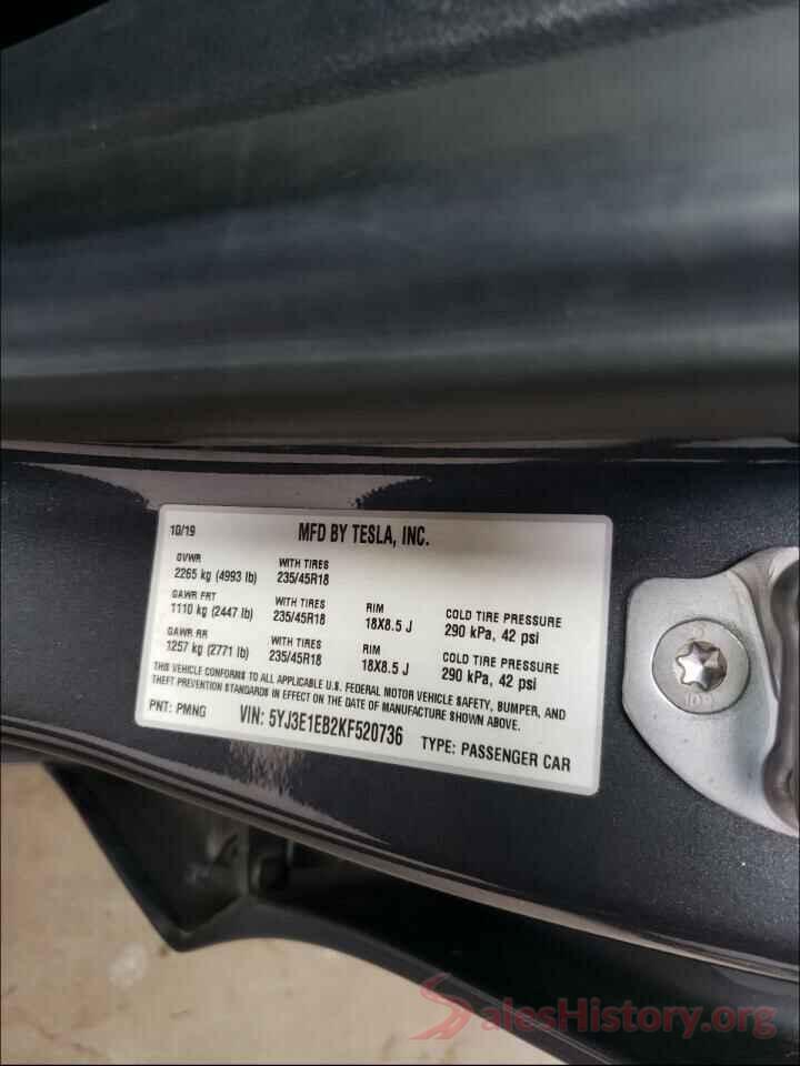 5YJ3E1EB2KF520736 2019 TESLA MODEL 3