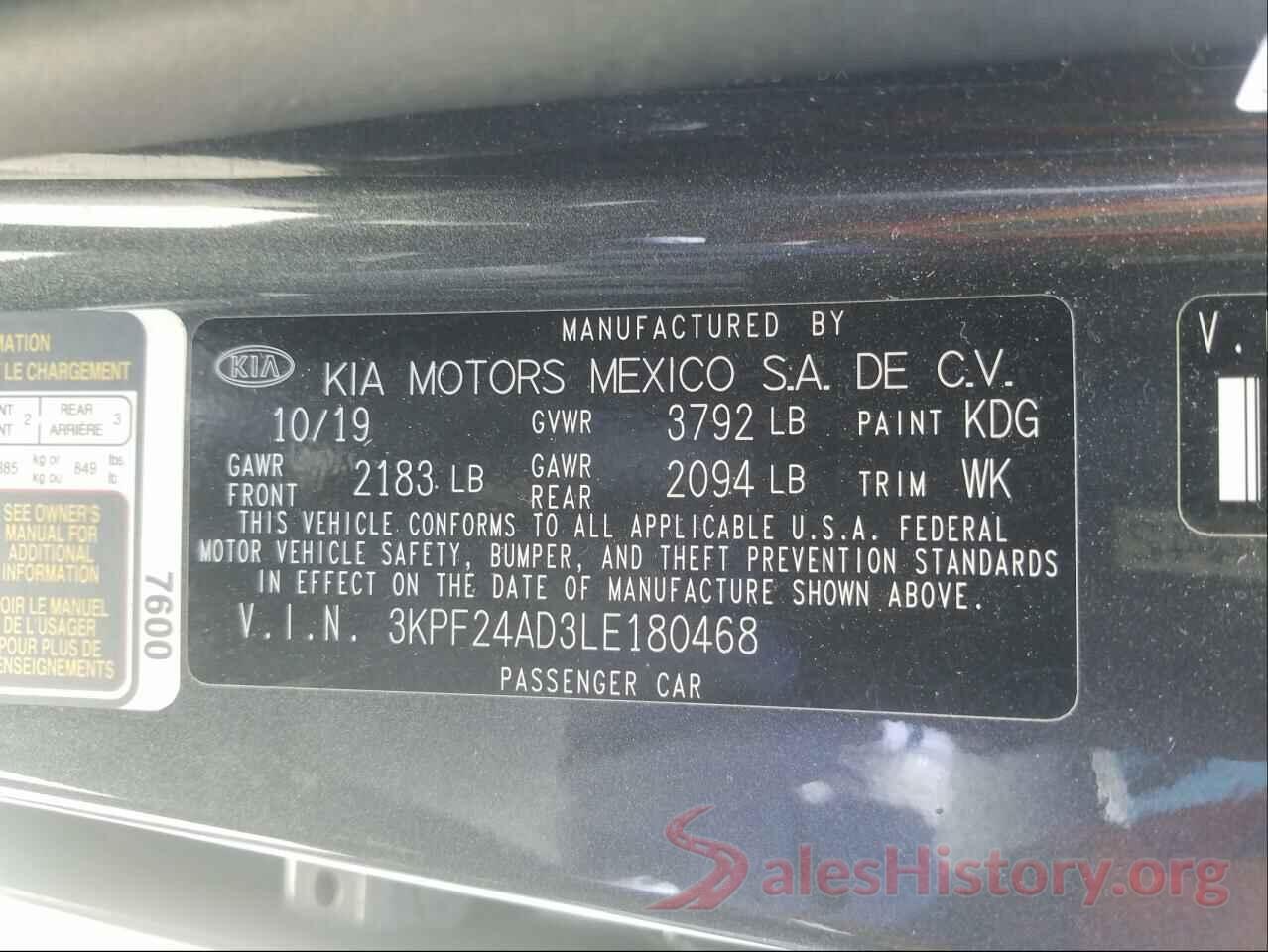 3KPF24AD3LE180468 2020 KIA FORTE