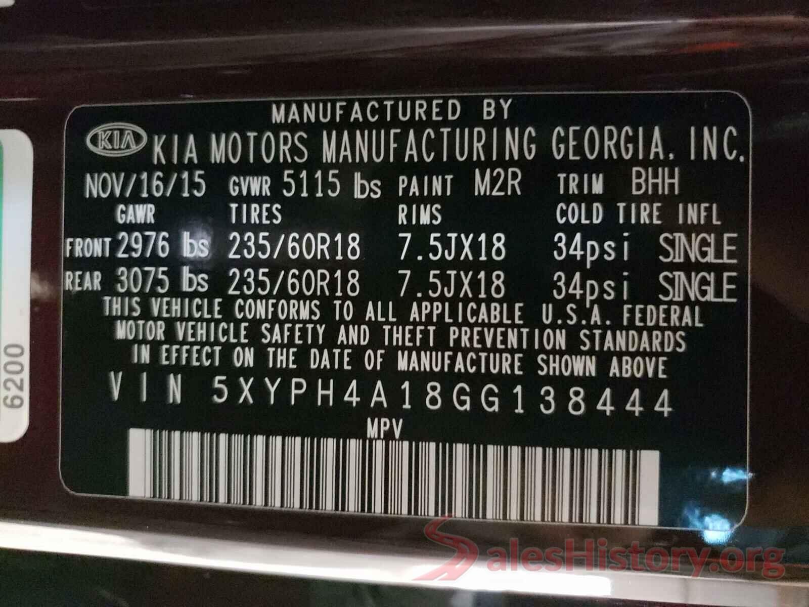 5XYPH4A18GG138444 2016 KIA SORENTO