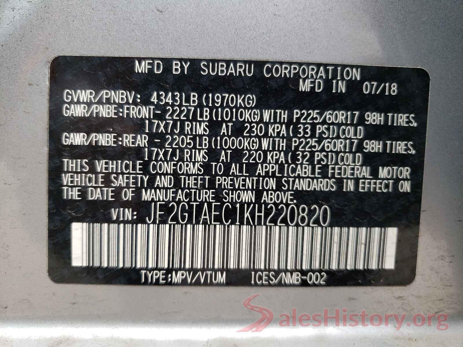 JF2GTAEC1KH220820 2019 SUBARU CROSSTREK