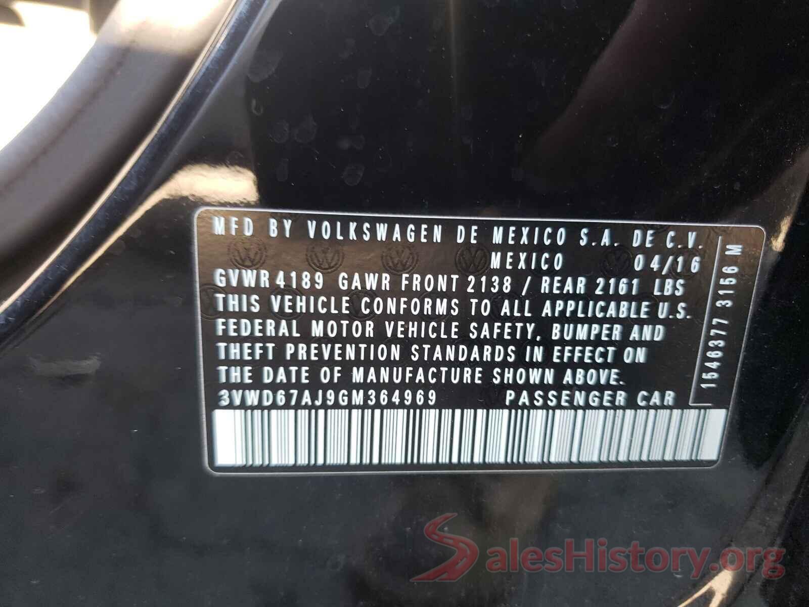 3VWD67AJ9GM364969 2016 VOLKSWAGEN JETTA