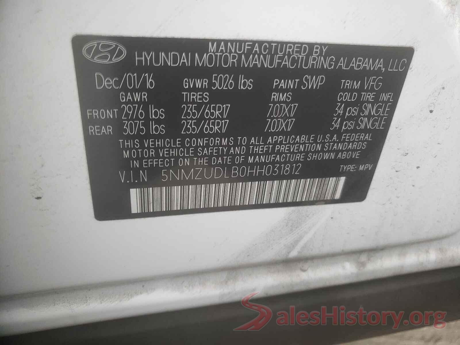 5NMZUDLB0HH031812 2017 HYUNDAI SANTA FE