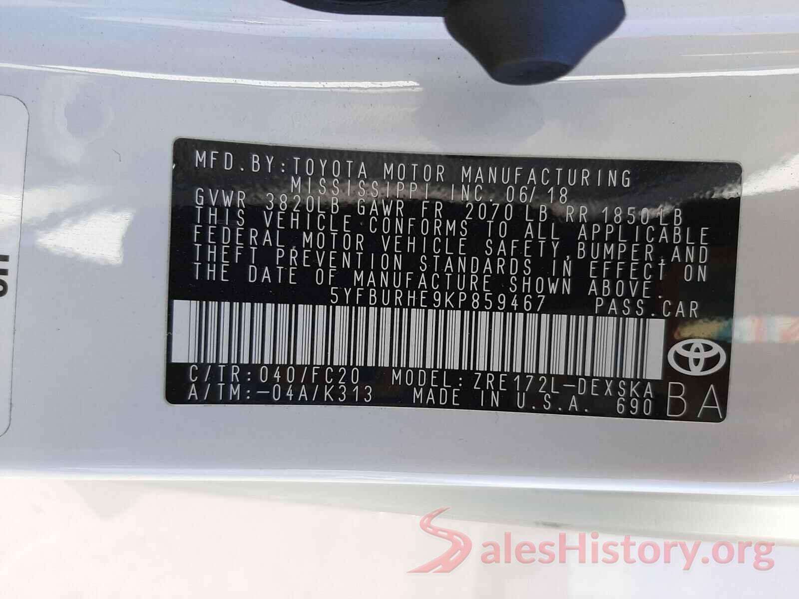 5YFBURHE9KP859467 2019 TOYOTA COROLLA